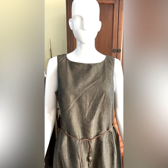 Shiny brownish Green linen straight pencil dress sleeveless long cord belt US 10 - Picture 2 of 13